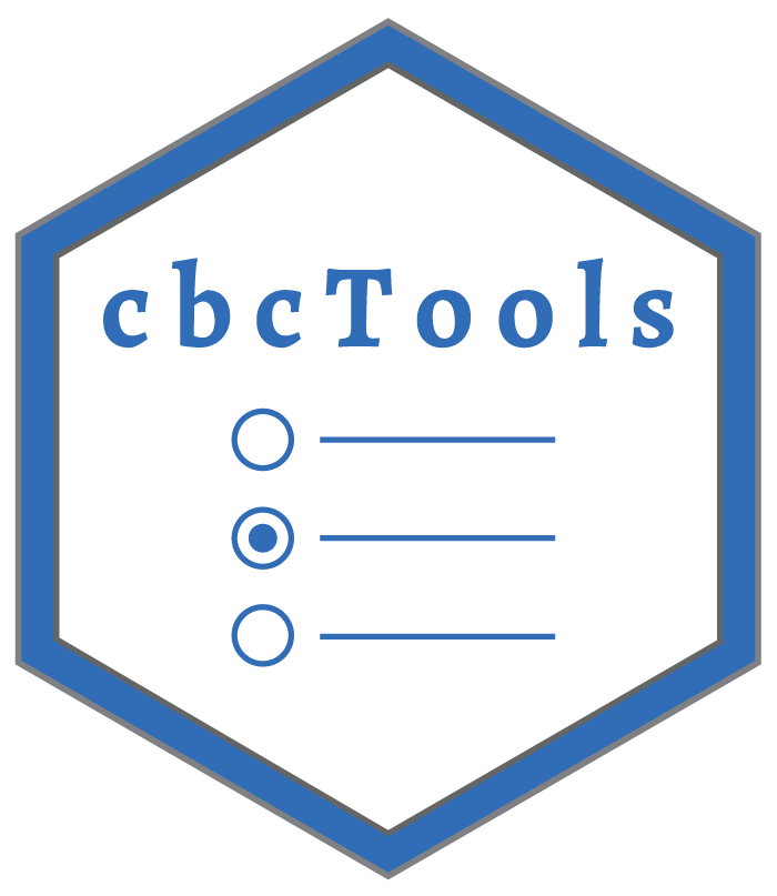 cbcTools package logo: blue hexagonal badge with 'cbcTools' text and three bullet points representing choice options
